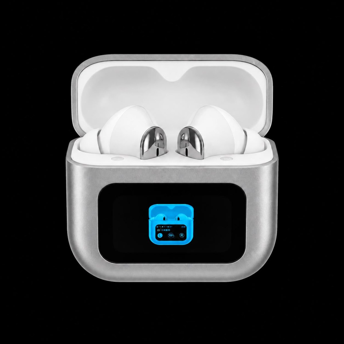 PULSE Touch Plata: estuche abierto con los auriculares